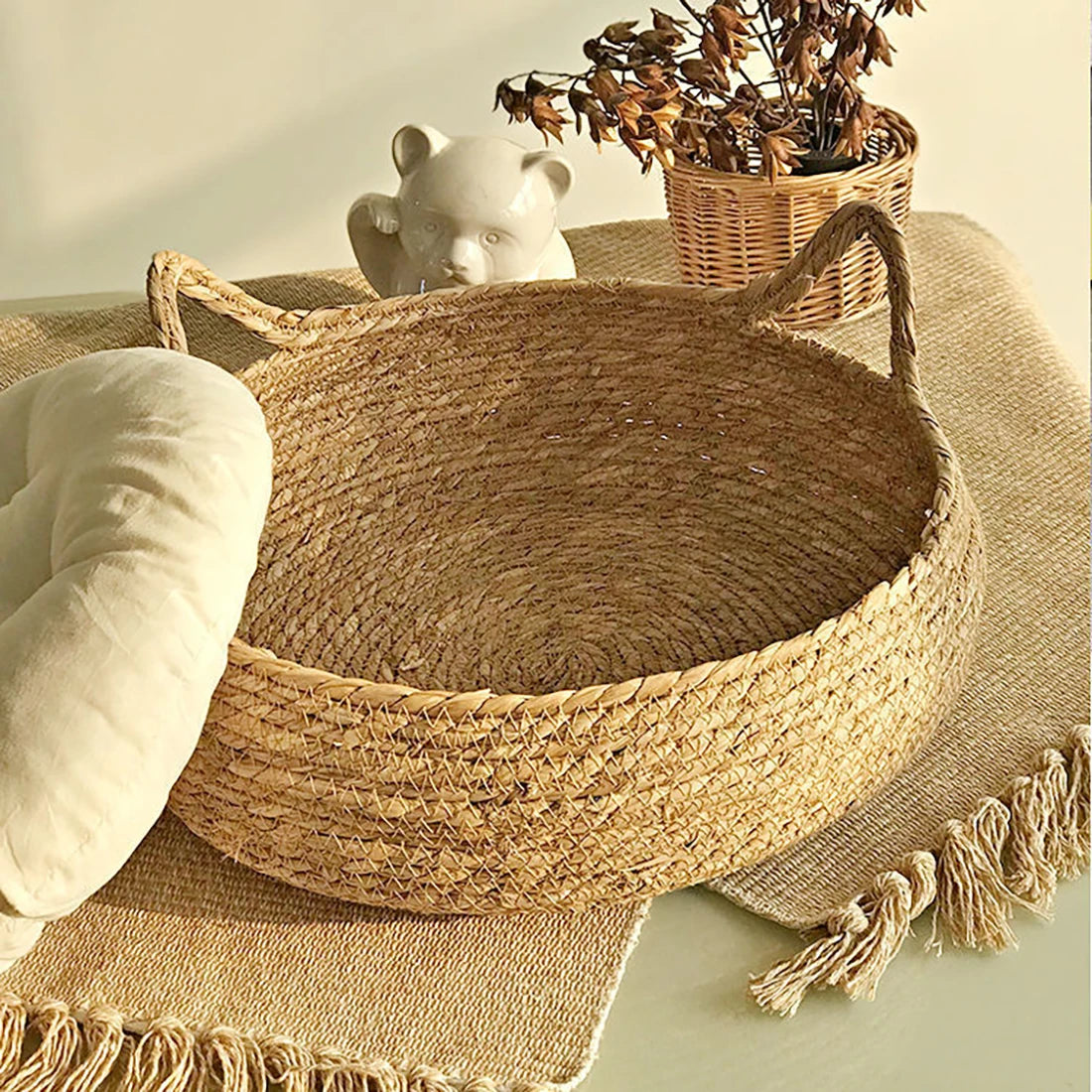 Cat Bed House Dog Kennel Rattan Straw Plaited Kitten Cushion Basket Tent Scratching Board Puppy Cave Nest Mat Indoor Pet Supply