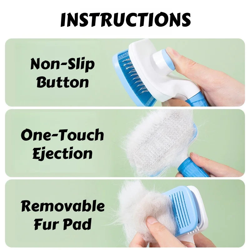 One-Push Pet Grooming Brush: Shedding Tool with Stainless Steel Teeth & Round Head - Hair Removal & Massage Comb for Furry Pets