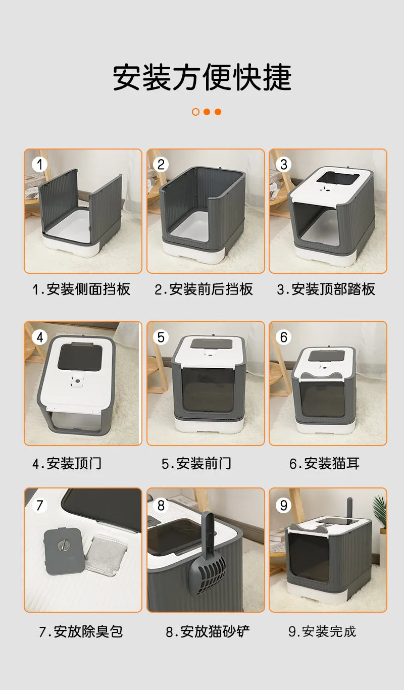 Extra Large Enclosed Cat Litter Box Top Entry Litter Tray with Drawer Design Anti Splash Hooded Toilet with Odor Sealing