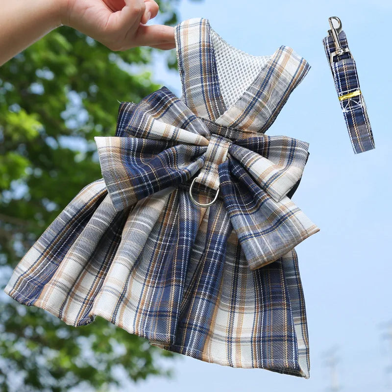 Bow Puppy Cat Dresses Summer Pet Clothes Fashion Plaid JK Dress with Leash Sets for Small Dogs Cats Kitten Clothing ropa gato