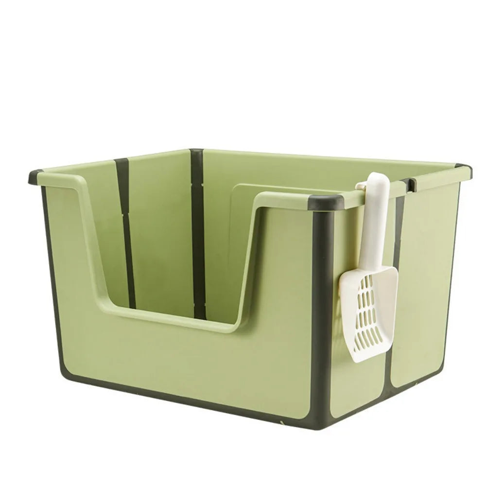 Large Capacity Foldable Cat Litter Box High Sides Removable Scoop Semi-Closed Litter Box with Scoop Open Top Low Entry