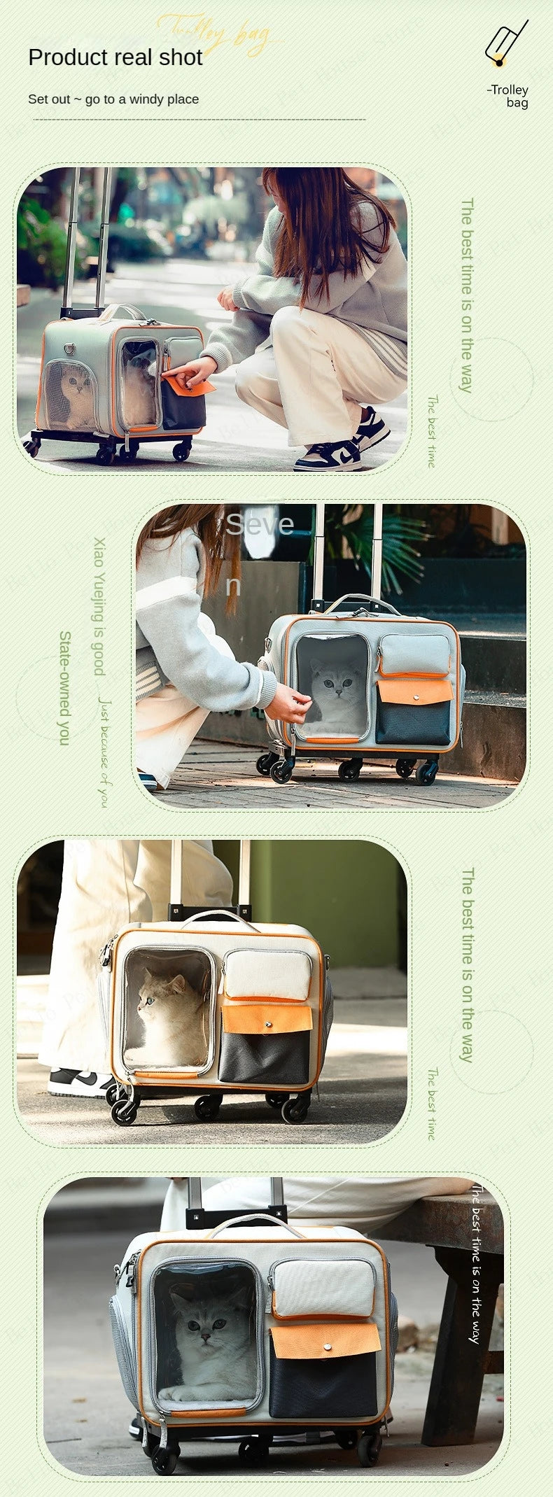 Cat Carrier Bag Pet Trolley Case Small Dog Luggage Bags Portable Cat Backpack Pushable Shoulder/portable/diagonal Bag Detachable