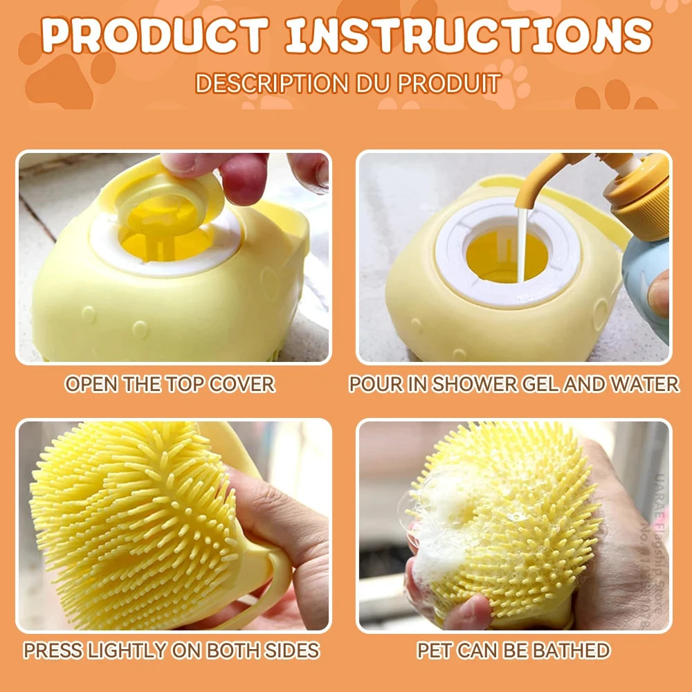 Pet Grooming Bath Massage Brush With Soap And Shampoo Dispenser, Soft Silicone Bristle For Long Short Haired Dogs Cats Shower