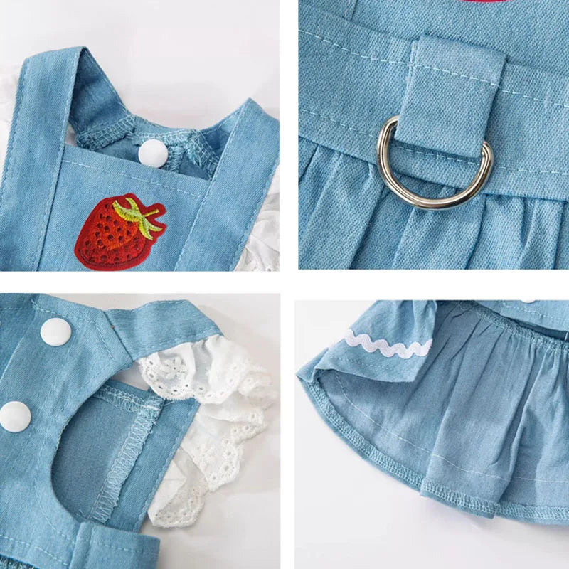 Denim Dog Princess Dress Fashion Dog Clothes Cute Strawberry Puppy Dress Cat Flying Sleeves Skirt Pet Costumes Chihuahua Dress