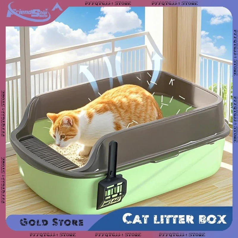 Cat Litter Box High Side Thicken Semi Enclosed Splashproof with Removable Scoop Large Capacity Easy Clean Cat Toilet Supplies