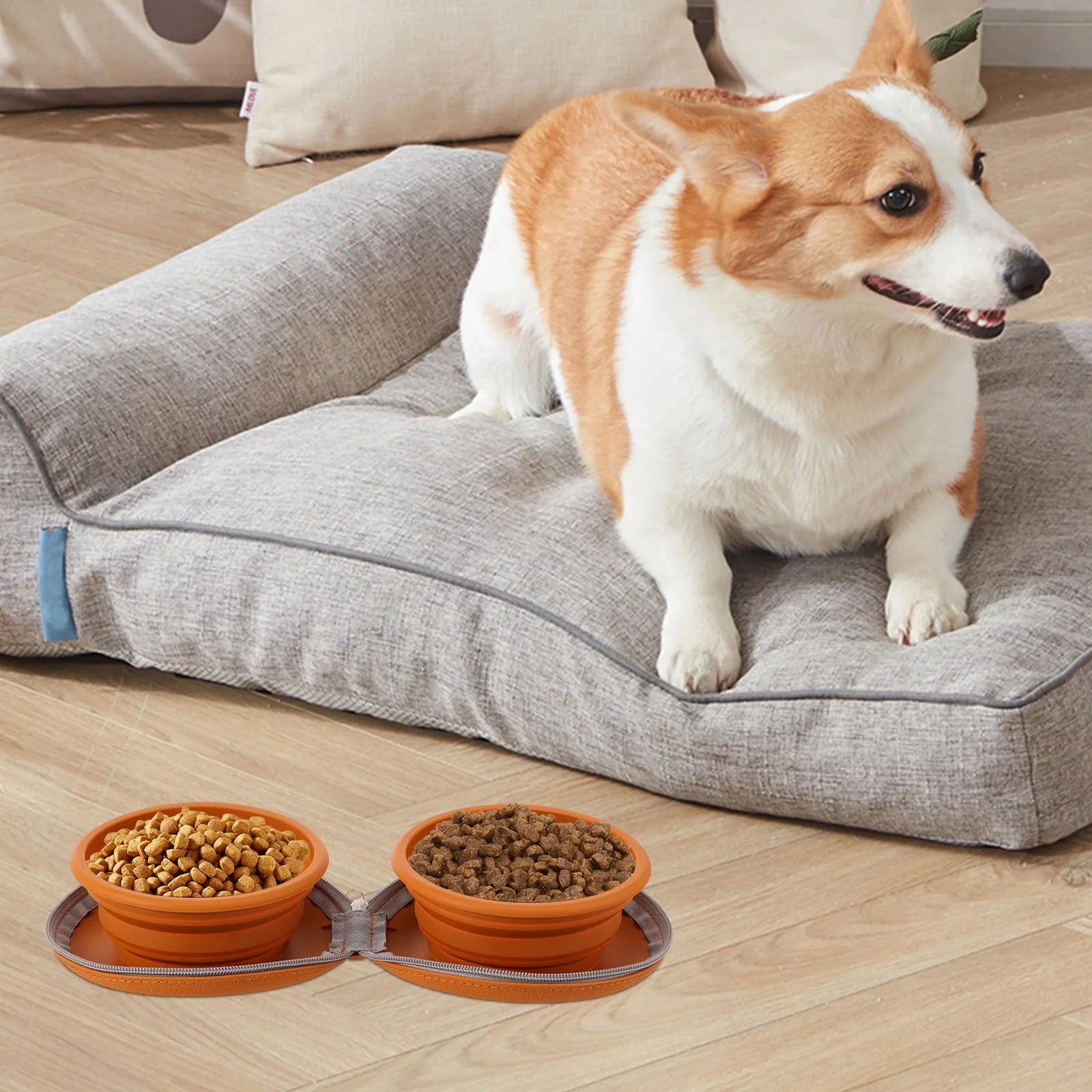 Foldable Pet Bowl Silicone Outdoor Portable Dog Bowl with Zipper Collapsible Cat Double Food Water Bowl for Walk Travel Camping