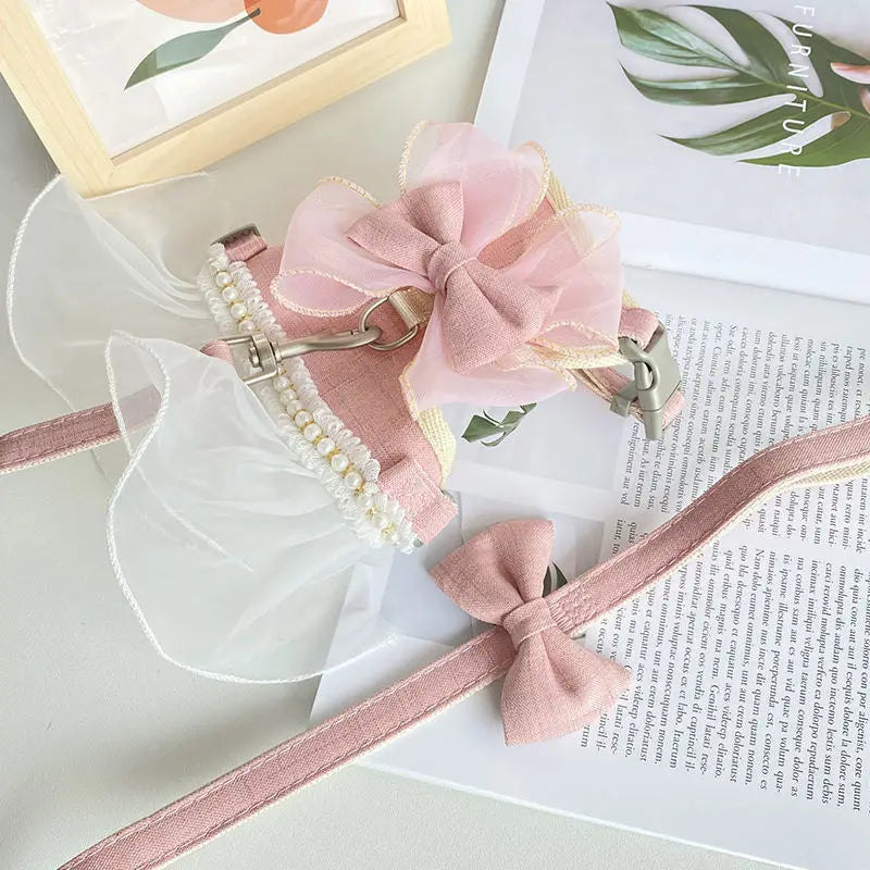 Cute Bowknot Pet Harness Leash Princess Cat Dress Costumes Nylon Kittten Dress Puppy Harness For Rabbit Teddy Cats Clothes