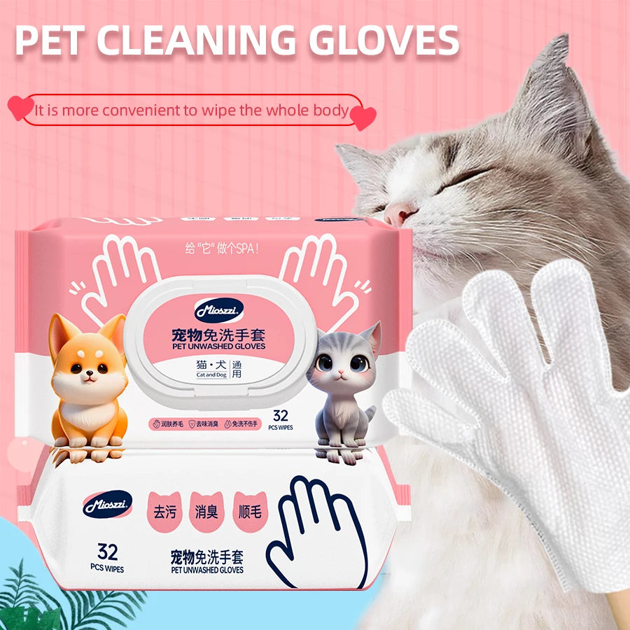 Pet Cleaning Gloves with Wipes 50Pcs ，2-in-1 Scrubber & Massager ，Dog Cat Grooming