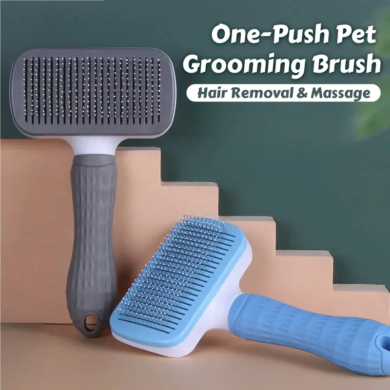 One-Push Pet Grooming Brush: Shedding Tool with Stainless Steel Teeth & Round Head - Hair Removal & Massage Comb for Furry Pets