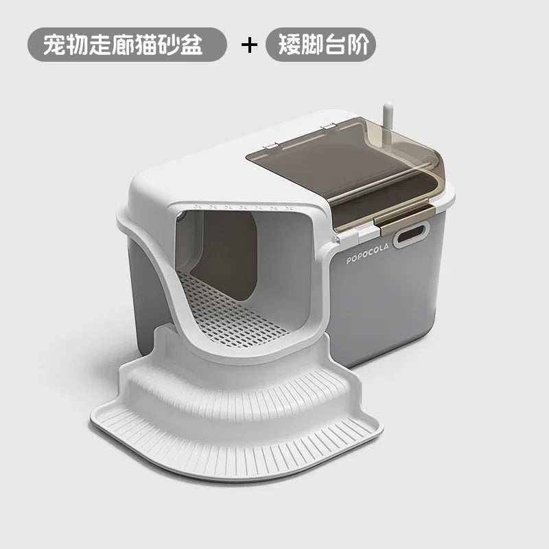 Large Cat Litter Boxes Corridor Style Design Enclosed Litter Tray Odor Splash-Proof Kitten Toilet Convenient Lid Pet Clean