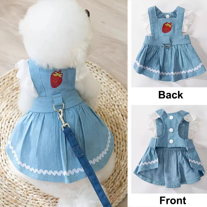 Denim Dog Princess Dress Fashion Dog Clothes Cute Strawberry Puppy Dress Cat Flying Sleeves Skirt Pet Costumes Chihuahua Dress