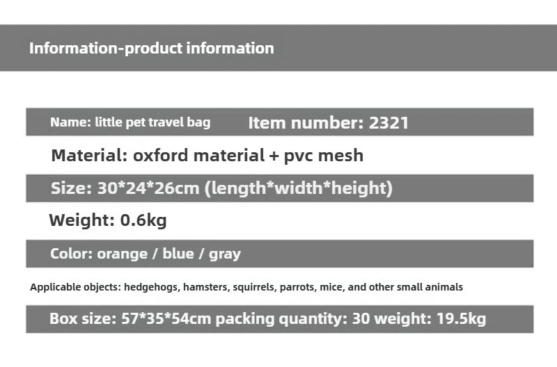 Pet Portable Travel Bag Outdoor Breathable Small Animal Carriers Equipment Zipper Double Open Oxford Small Pet Outing Supplies