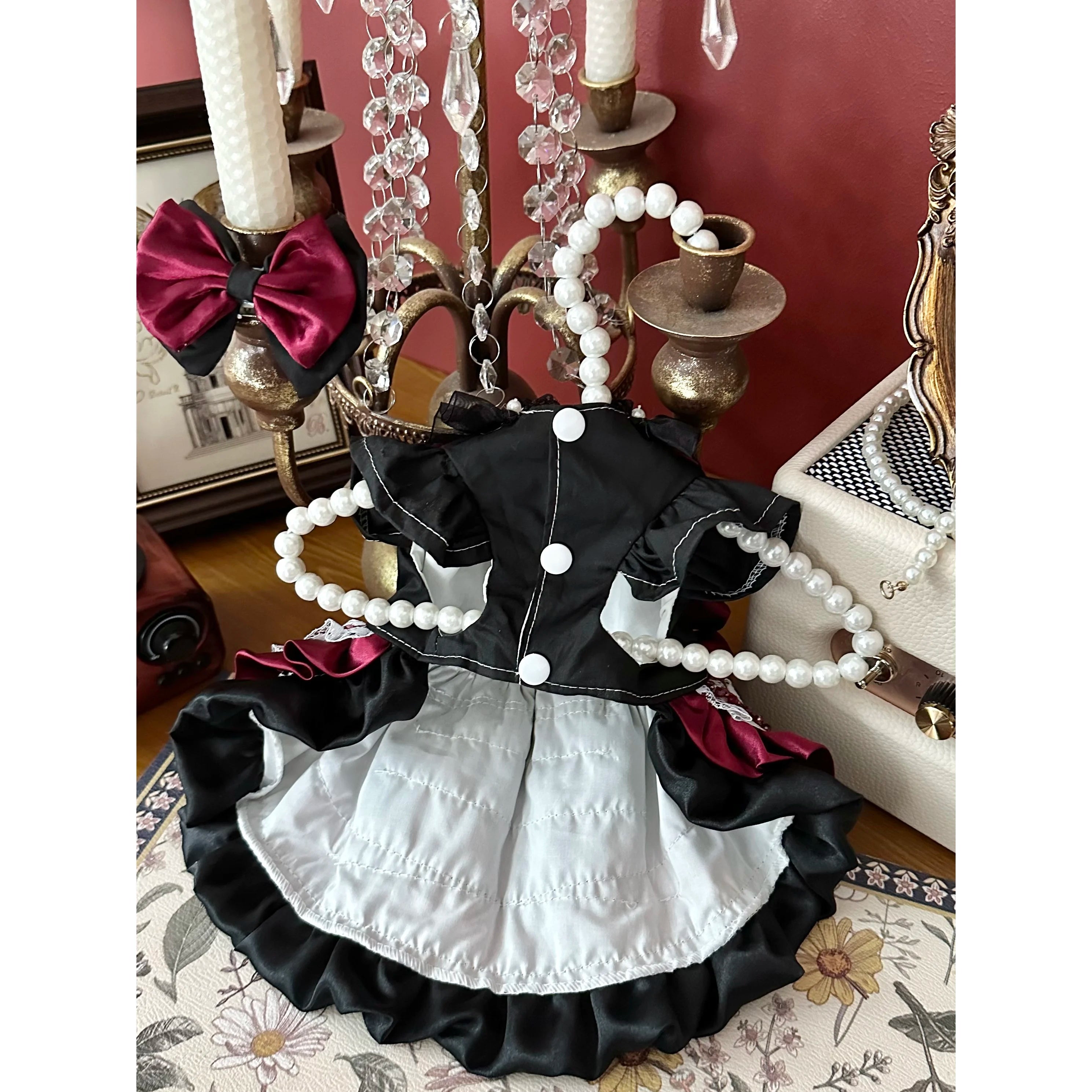 High-end Luxury Deep Red Pet Dog Clothes Fashion Handmade Lace Bow Cake Dresses For Small Medium Dog Party Home Wear Puppy Skirt