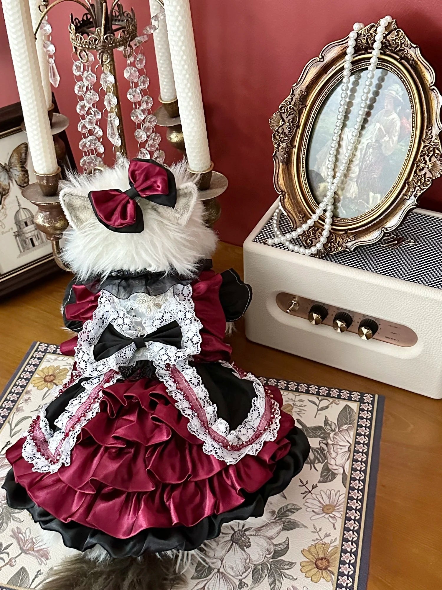 High-end Luxury Deep Red Pet Dog Clothes Fashion Handmade Lace Bow Cake Dresses For Small Medium Dog Party Home Wear Puppy Skirt