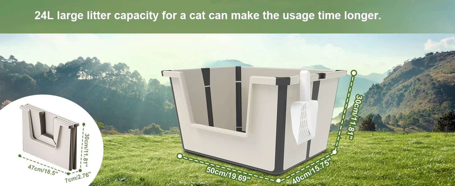 Tall Open Top Cat Litter Box with High Sides and Scoop Portable and Foldable Large Size for Multiple Cats or Big Cat Home Use