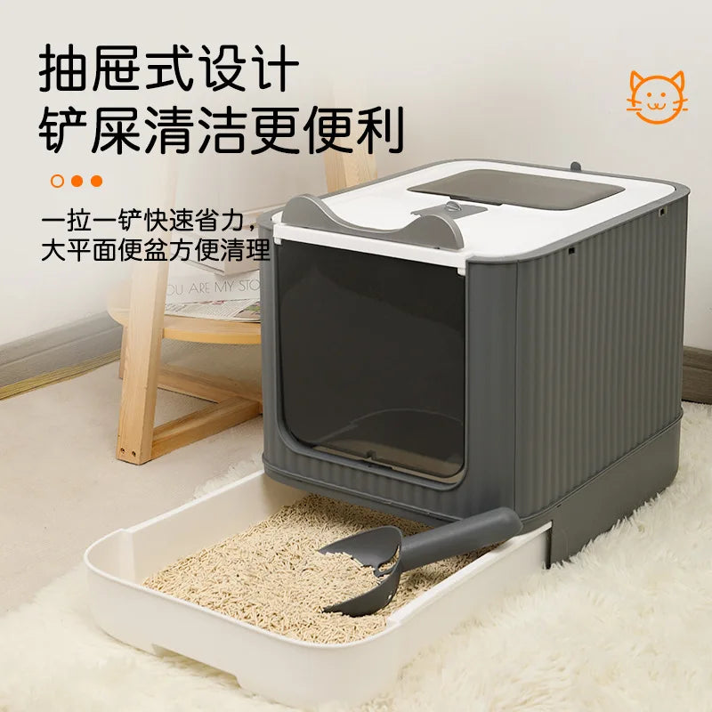 Extra Large Enclosed Cat Litter Box Top Entry Litter Tray with Drawer Design Anti Splash Hooded Toilet with Odor Sealing