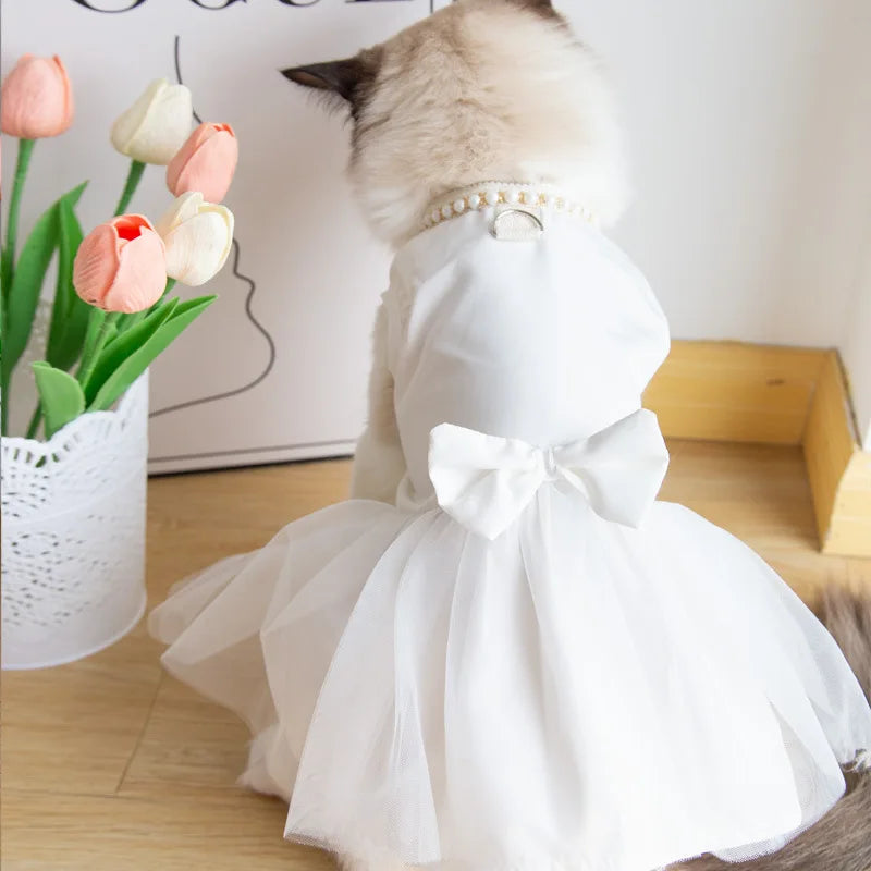 Pet Wedding Clothing Cat Spring Summer Thin White Retro Flower Dress Princess Wedding Dress Suitable for Small and Medium Dogs