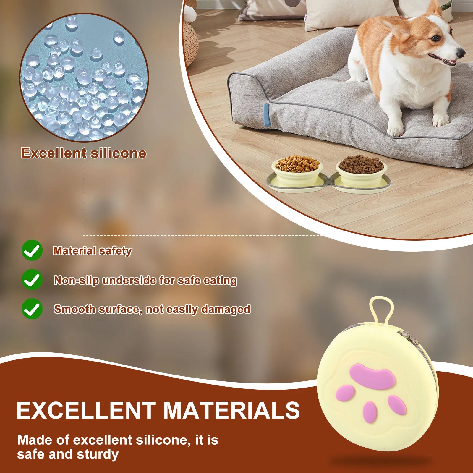 Foldable Pet Bowl Silicone Outdoor Portable Dog Bowl with Zipper Collapsible Cat Double Food Water Bowl for Walk Travel Camping