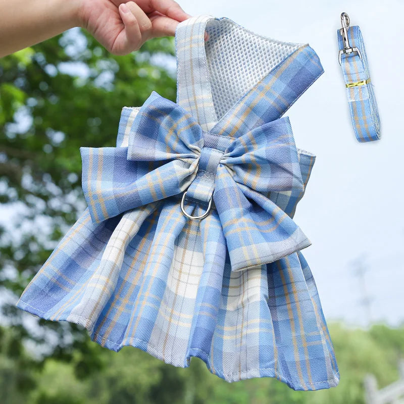 Bow Puppy Cat Dresses Summer Pet Clothes Fashion Plaid JK Dress with Leash Sets for Small Dogs Cats Kitten Clothing ropa gato
