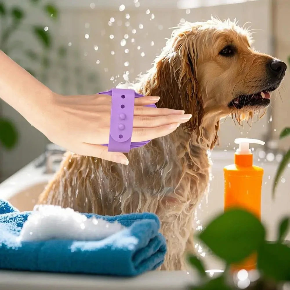 Dog Grooming Glove, Pet Bath Brush with Adjustable Ring Handle, Rubber Massage Grooming Comb for Short Haired Dogs Cats