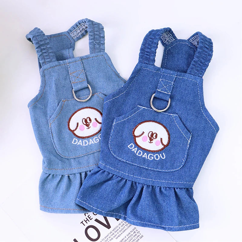 Pet Denim Dress for Dog Small Dog Clothes Cowboy Dress Sundress with Leash Ring Spring Summer Soft Sweet Skirt Pet Costume