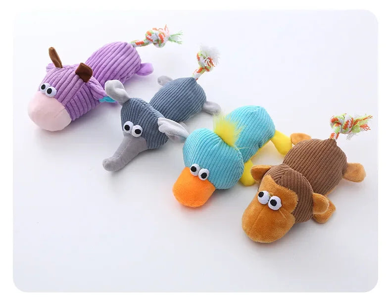 Plush Squeaky Dog Toys with Knotted Tails Soft Animal Chew Toys for Puppies Teething Safe Fun Interactive Play Pet Molar Toy