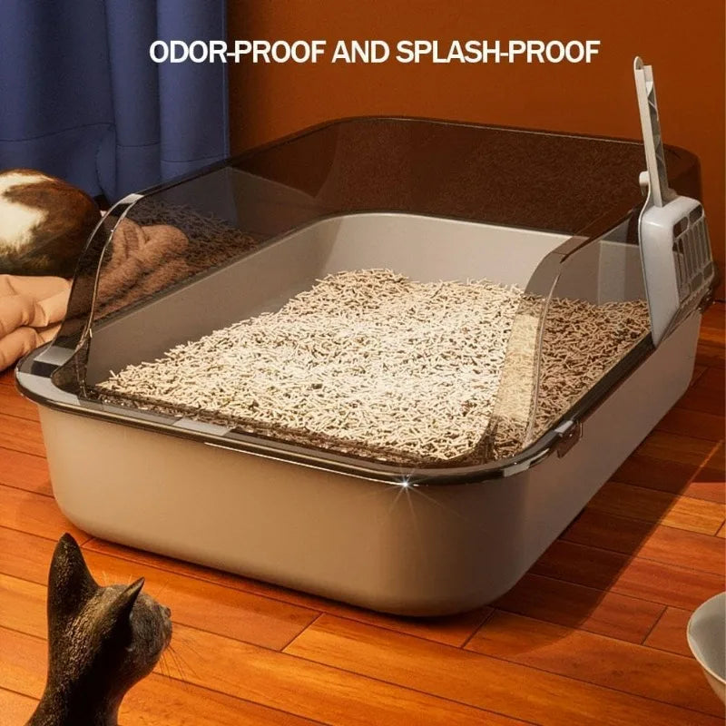Cat Litter Box Semi Enclosed Design with High Fence Open Top Tray Easy to Clean Durable Kitty Sandbox with Scoop Pet Toilet