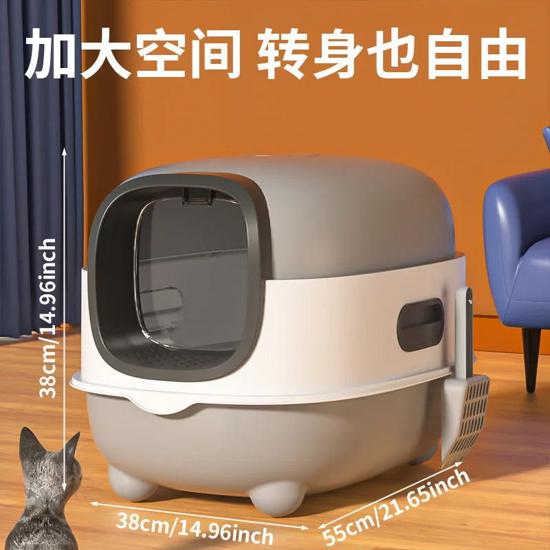 Extra-large fully enclosed cat litter box with anti-splash function, sterilization and deodorization, suitable for pets.