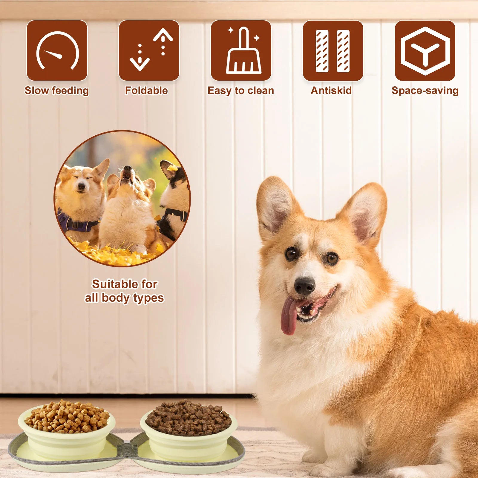 Foldable Pet Bowl Silicone Outdoor Portable Dog Bowl with Zipper Collapsible Cat Double Food Water Bowl for Walk Travel Camping