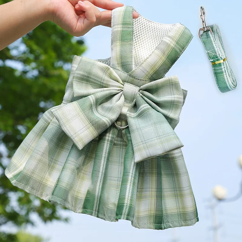 Bow Puppy Cat Dresses Summer Pet Clothes Fashion Plaid JK Dress with Leash Sets for Small Dogs Cats Kitten Clothing ropa gato