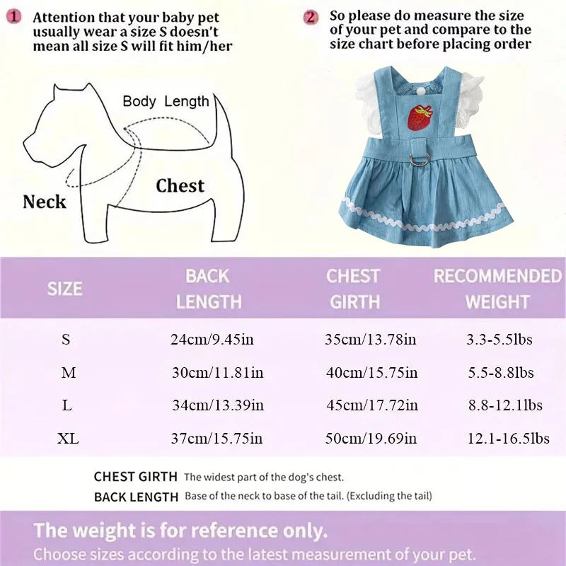 Denim Dog Princess Dress Fashion Dog Clothes Cute Strawberry Puppy Dress Cat Flying Sleeves Skirt Pet Costumes Chihuahua Dress