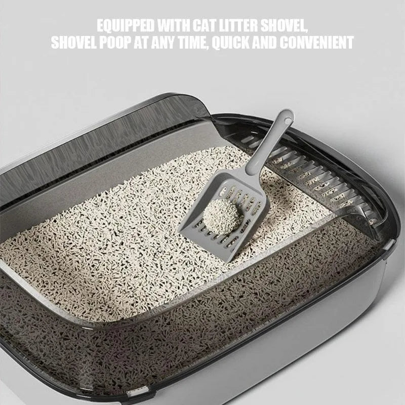 Cat Litter Box Semi Enclosed Design with High Fence Open Top Tray Easy to Clean Durable Kitty Sandbox with Scoop Pet Toilet