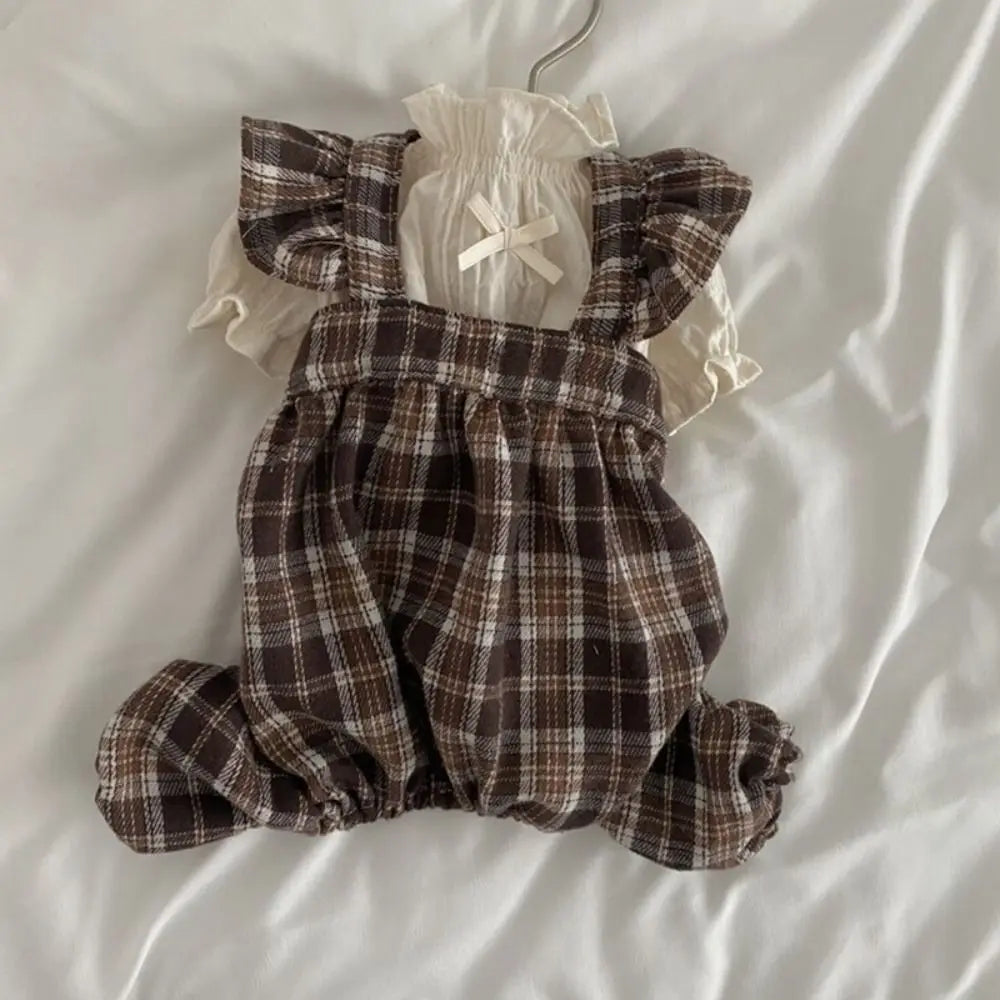 Fashion Retro Pet Plaid Strap Skirt Soft Breathable Dog Vest Dresses Thin Design Flying Sleeve Pet Clothes For Puppy Kittens