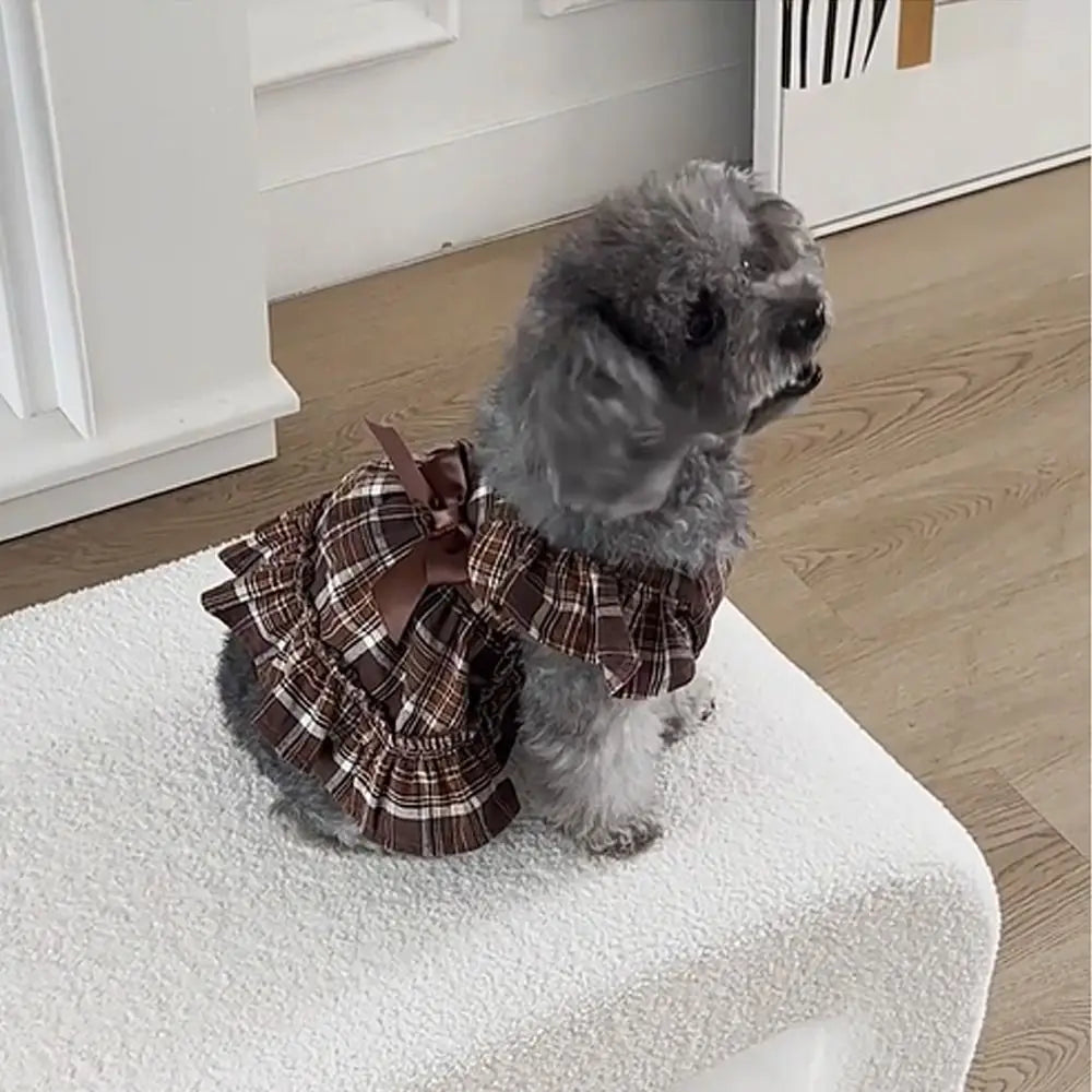 Retro Pet Plaid Strap Skirt Breathable Thin Design Dog Vest Dresses Flying Sleeve Soft Cat Plaid Pleated Shirt For Puppy Kittens