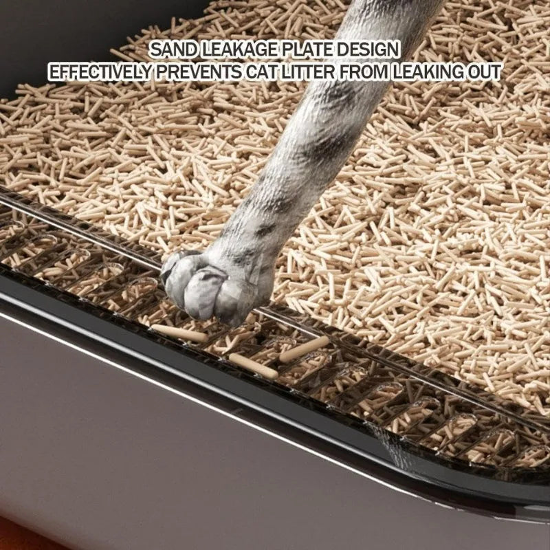 Cat Litter Box Semi Enclosed Design with High Fence Open Top Tray Easy to Clean Durable Kitty Sandbox with Scoop Pet Toilet