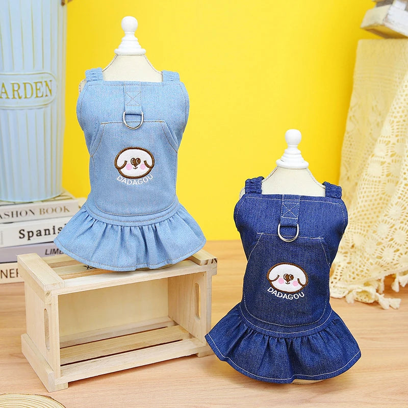 Pet Denim Dress for Dog Small Dog Clothes Cowboy Dress Sundress with Leash Ring Spring Summer Soft Sweet Skirt Pet Costume