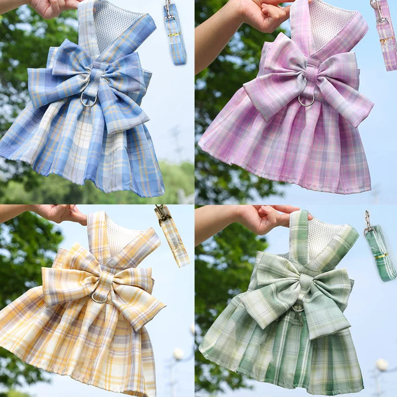 Bow Puppy Cat Dresses Summer Pet Clothes Fashion Plaid JK Dress with Leash Sets for Small Dogs Cats Kitten Clothing ropa gato