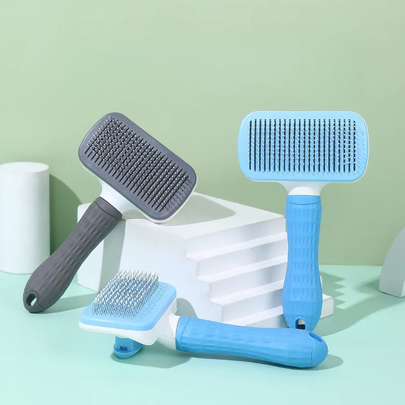 One-Push Pet Grooming Brush: Shedding Tool with Stainless Steel Teeth & Round Head - Hair Removal & Massage Comb for Furry Pets