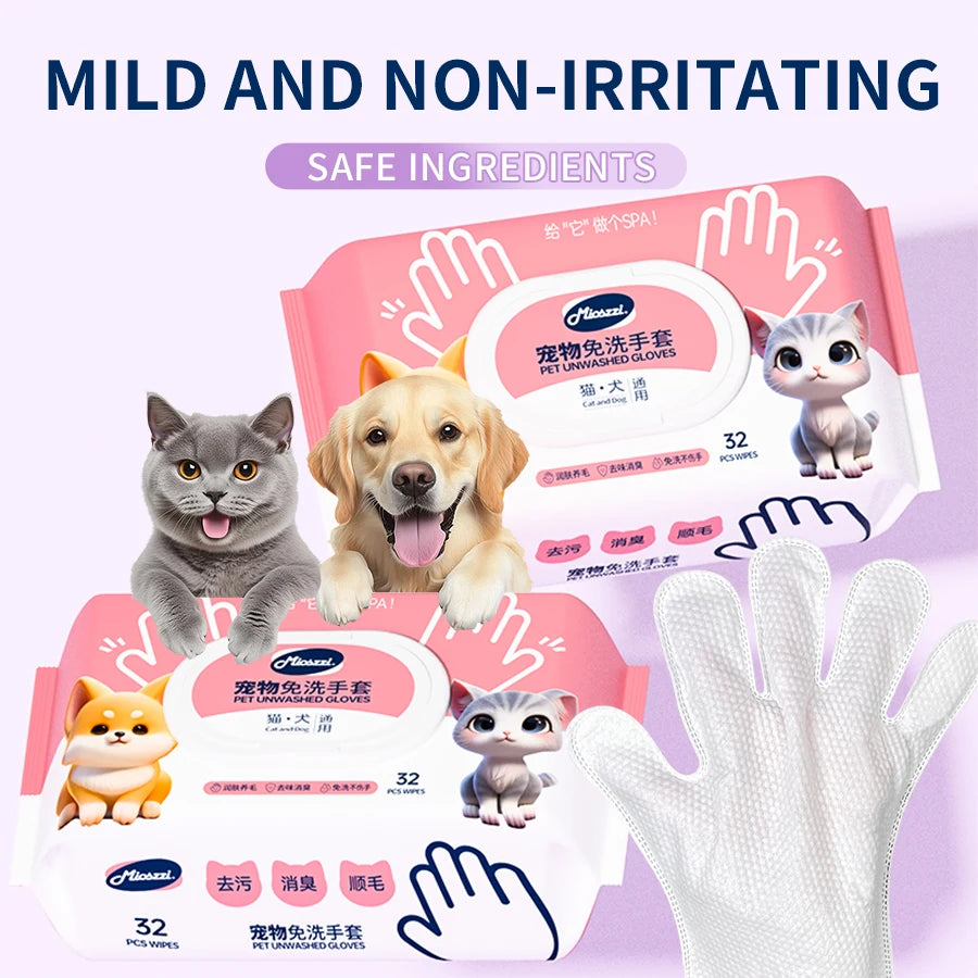 Pet Cleaning Gloves with Wipes 50Pcs ，2-in-1 Scrubber & Massager ，Dog Cat Grooming