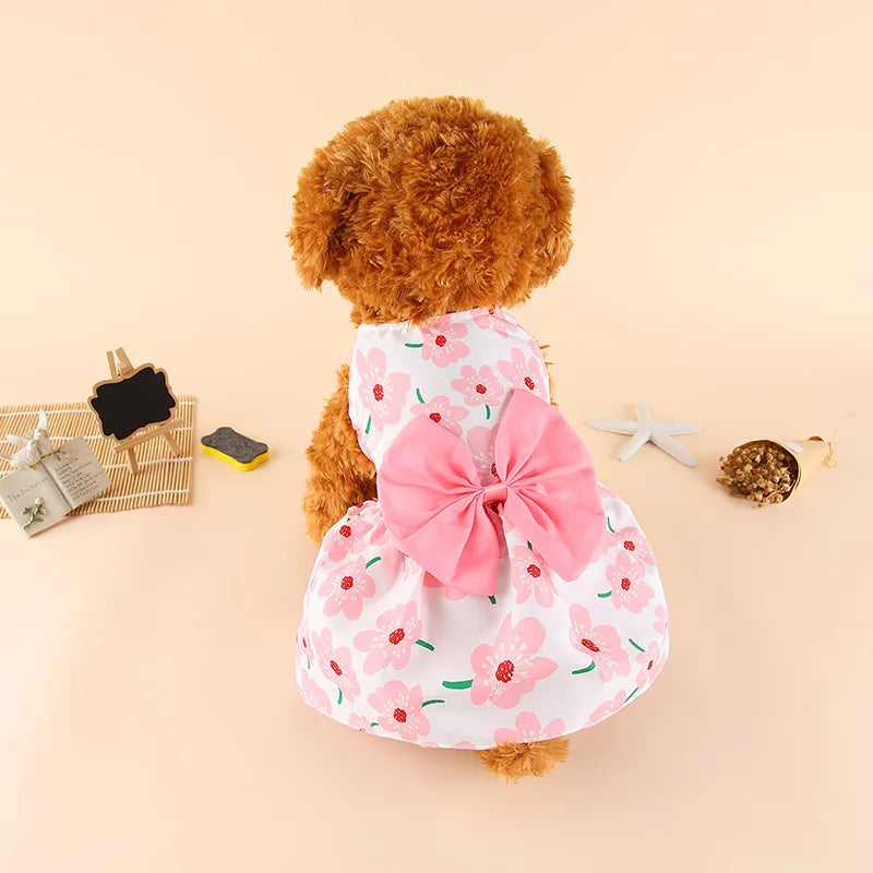 Thin Pet Dress for Dogs Cats - Cute Floral Print Princess Dress with Bow, New Style Puppy Skirt for Teddy Small Pets
