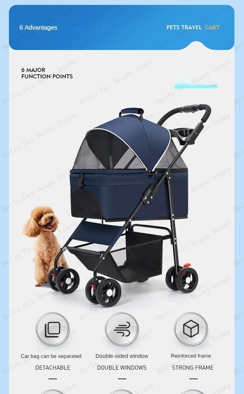 Portable Outdoor Pet Stroller Foldable and Separable Travel Pet Stroller Large Basket Pet Bag Cat and Dog Supplies