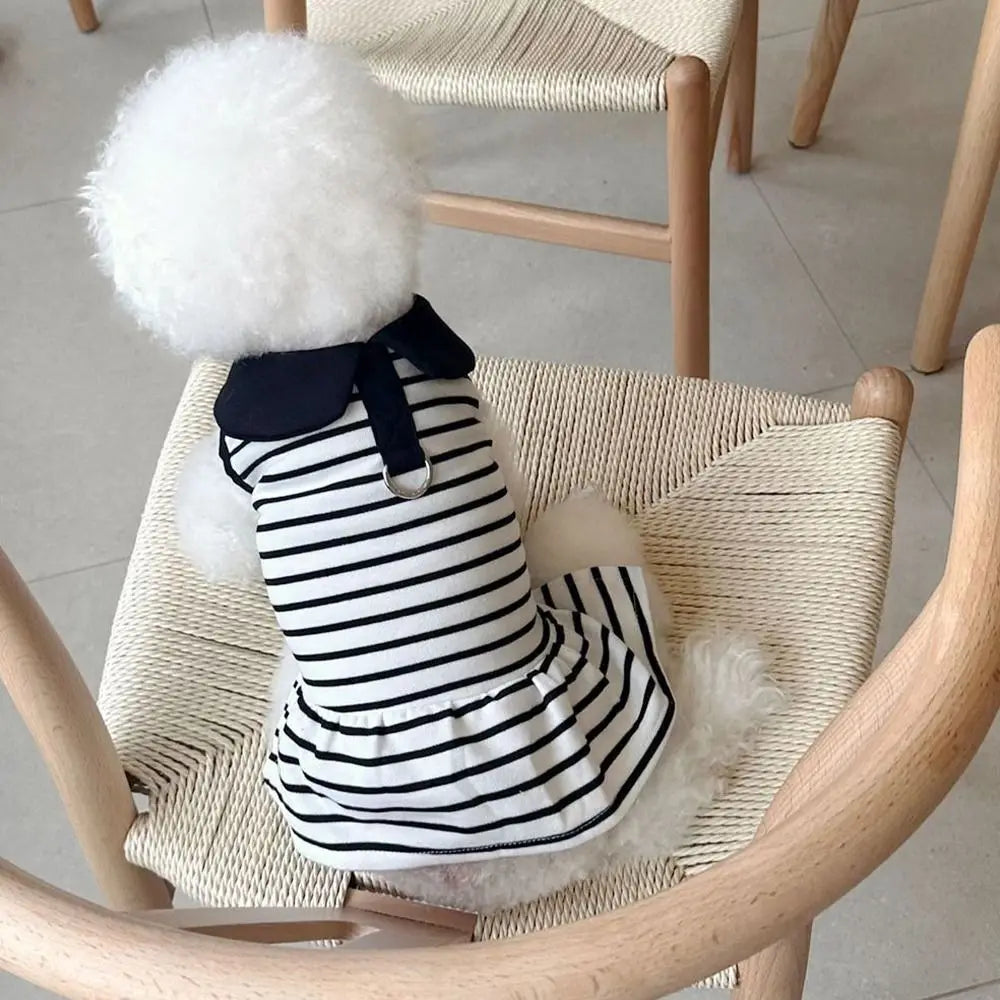 Pet Couple Outfits Cute Dog Striped T-shirts Soft Breathable Pet Skirt Thin Design Cat Lapel Dresses for Puppy Kittens