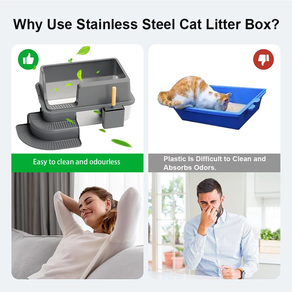 Semi-Enclosed Stainless Steel Cat Litter Box with Lid, Extra Large Cat Litter Box with Cat Shovel (Suitable for Large Cats) XL Metal Litter Box Tray, High Wall Closed on Both Sides, Anti-Stick and Leak-Proof, Easy to Clean -