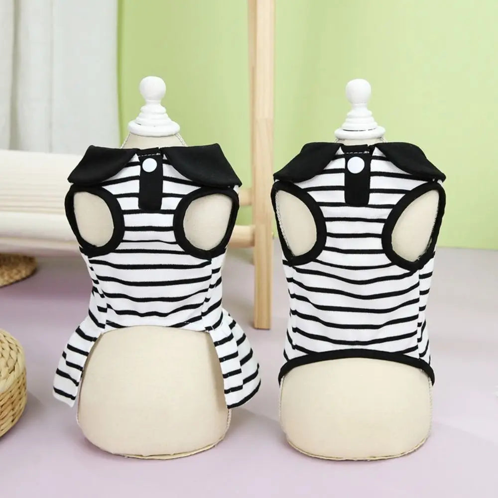 Pet Couple Outfits Cute Dog Striped T-shirts Soft Breathable Pet Skirt Thin Design Cat Lapel Dresses for Puppy Kittens