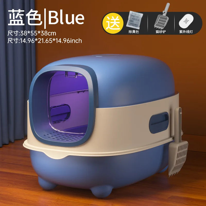 Extra-large fully enclosed cat litter box with anti-splash function, sterilization and deodorization, suitable for pets.