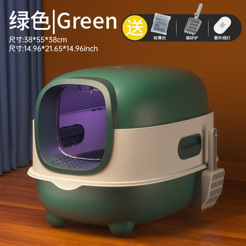 Extra-large fully enclosed cat litter box with anti-splash function, sterilization and deodorization, suitable for pets.