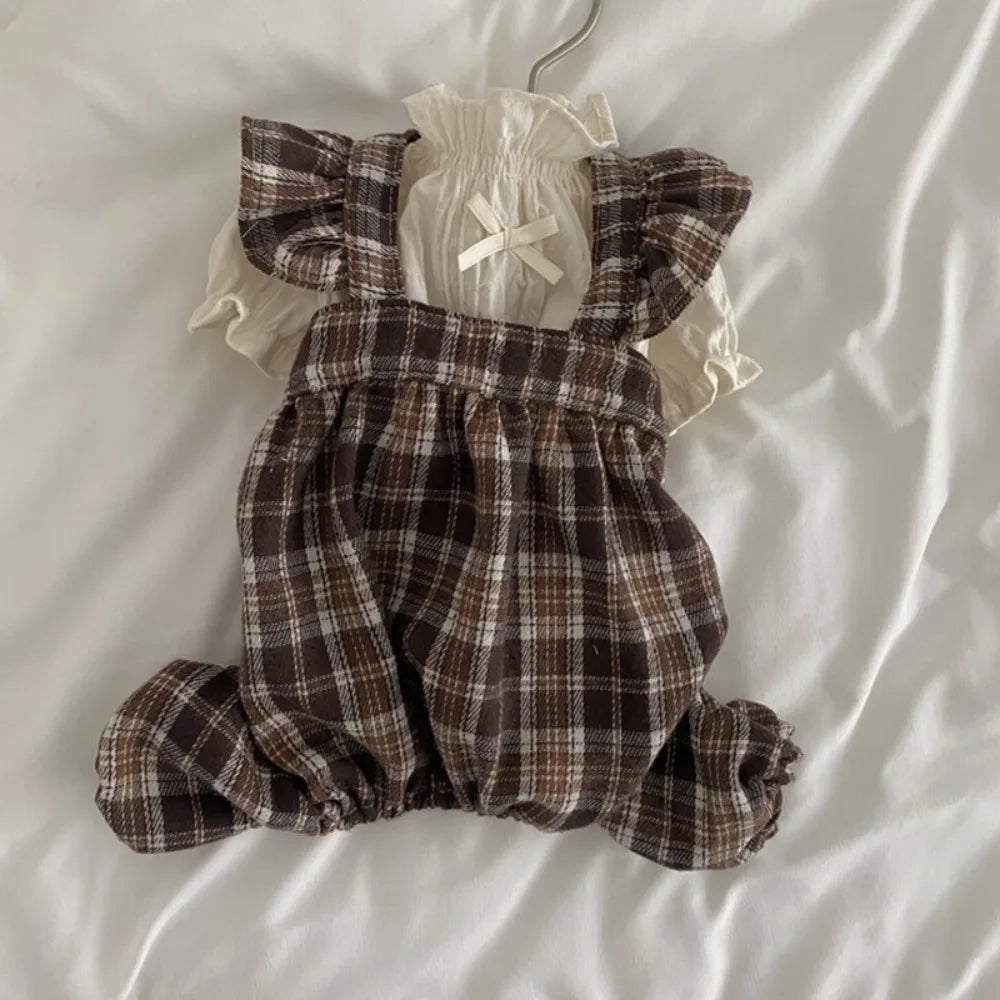 Fashion Retro Pet Plaid Strap Skirt Soft Breathable Dog Vest Dresses Thin Design Flying Sleeve Pet Clothes For Puppy Kittens