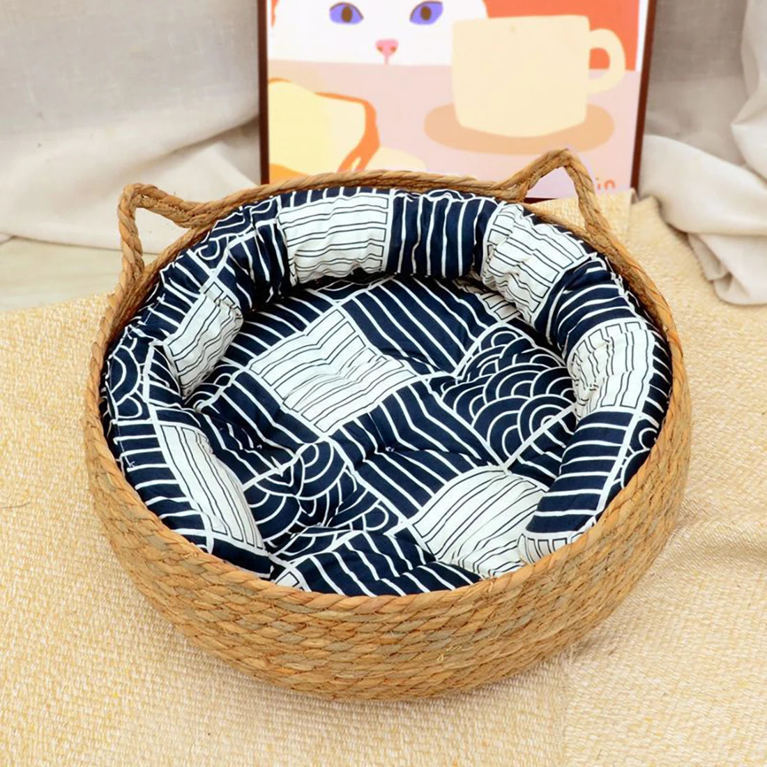 Cat Bed House Dog Kennel Rattan Straw Plaited Kitten Cushion Basket Tent Scratching Board Puppy Cave Nest Mat Indoor Pet Supply