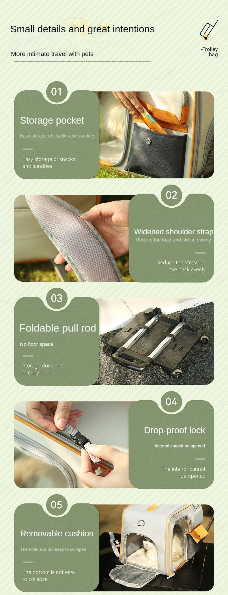 Cat Carrier Bag Pet Trolley Case Small Dog Luggage Bags Portable Cat Backpack Pushable Shoulder/portable/diagonal Bag Detachable