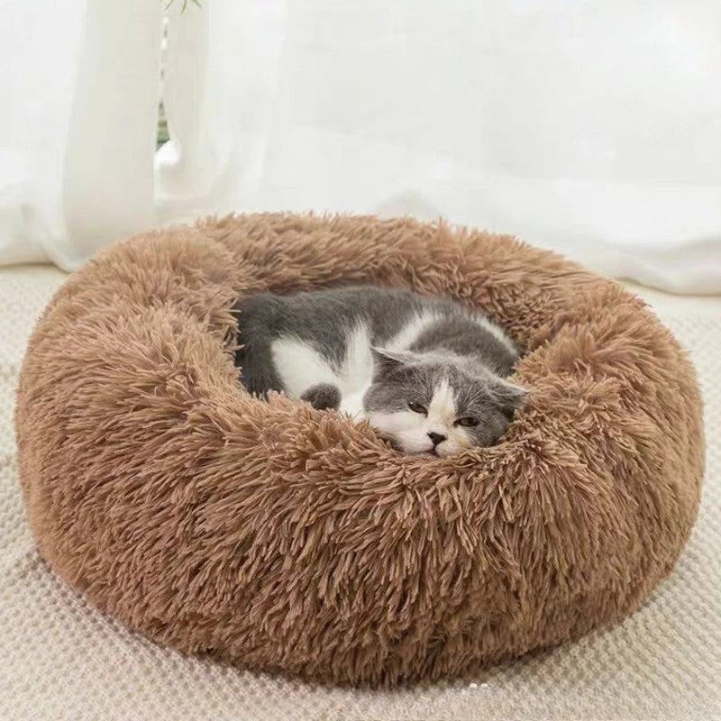 1PC comfortable striped plush pet bed, suitable for cats and dogs,warm,deep sleep round nest,filling,gray,soft,indoor